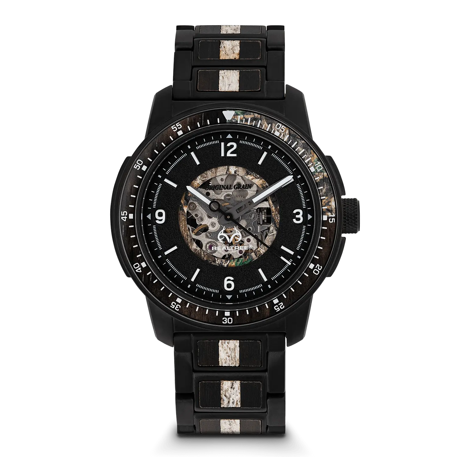 Original Grain Realtree Rugged Male Watch, 44mm Automatic Wind Skeleton Dial with Deer Antler & Ebony Wood Inlay, Edge Camo, Inlaid Links
