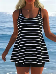 New Women's Fashion Tankini Swimsuit Set, Tankini With Shorts, Striped Print, Beachwear for Summer Spring 2026, Casual Slim-Fitting, Tankini Set Bathing