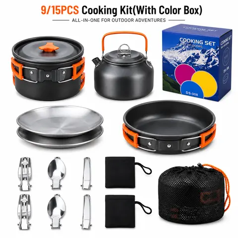 9/15-Piece Compact Backpacking Cookware Mess Kit with Color Box - Non-Stick Lightweight Nesting Pots and Pans, Stainless Steel Plates, Portable Carry Utensils, Top Handle, Outdoor Cooking Station, Camping Dishes for Hiking, Road Trips, Camper Gifting