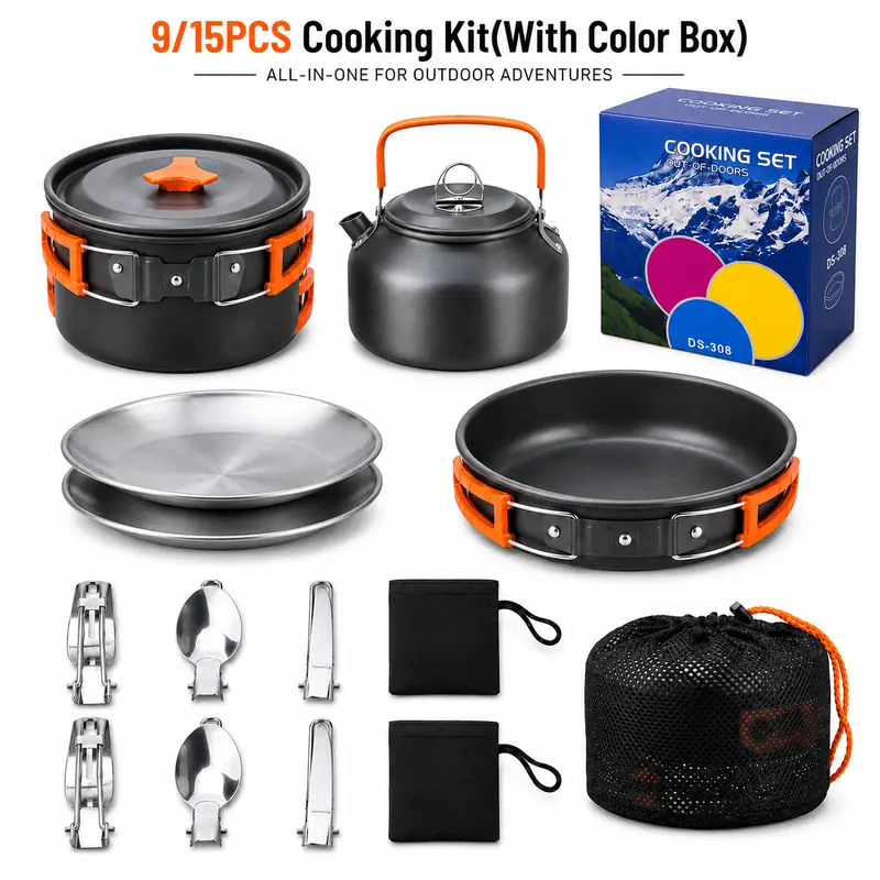 9/15-Piece Compact Backpacking Cookware Mess Kit with Color Box - Non-Stick Lightweight Nesting Pots and Pans, Stainless Steel Plates, Portable Carry Utensils, Top Handle, Outdoor Cooking Station, Camping Dishes for Hiking, Road Trips, Camper Gifting
