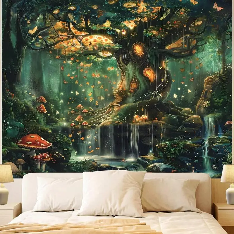 Custom Aesthetic TapestryForest Wall Tapestry, Nature Green Tree of Life Indoor Wall Hanging, Fairy Tale Magical Landscape Backdrop for Bedroom and Living Room Decor, IndoorsAnime Flag Letter Print Personalized Wall Decor Festival Background Hanging Cloth