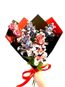 Handmade Playing Card Rose Bouquets - Real Card Petals, Red & Blue Backs, Green Stems, Black & Red Paper, Perfect for Gifts