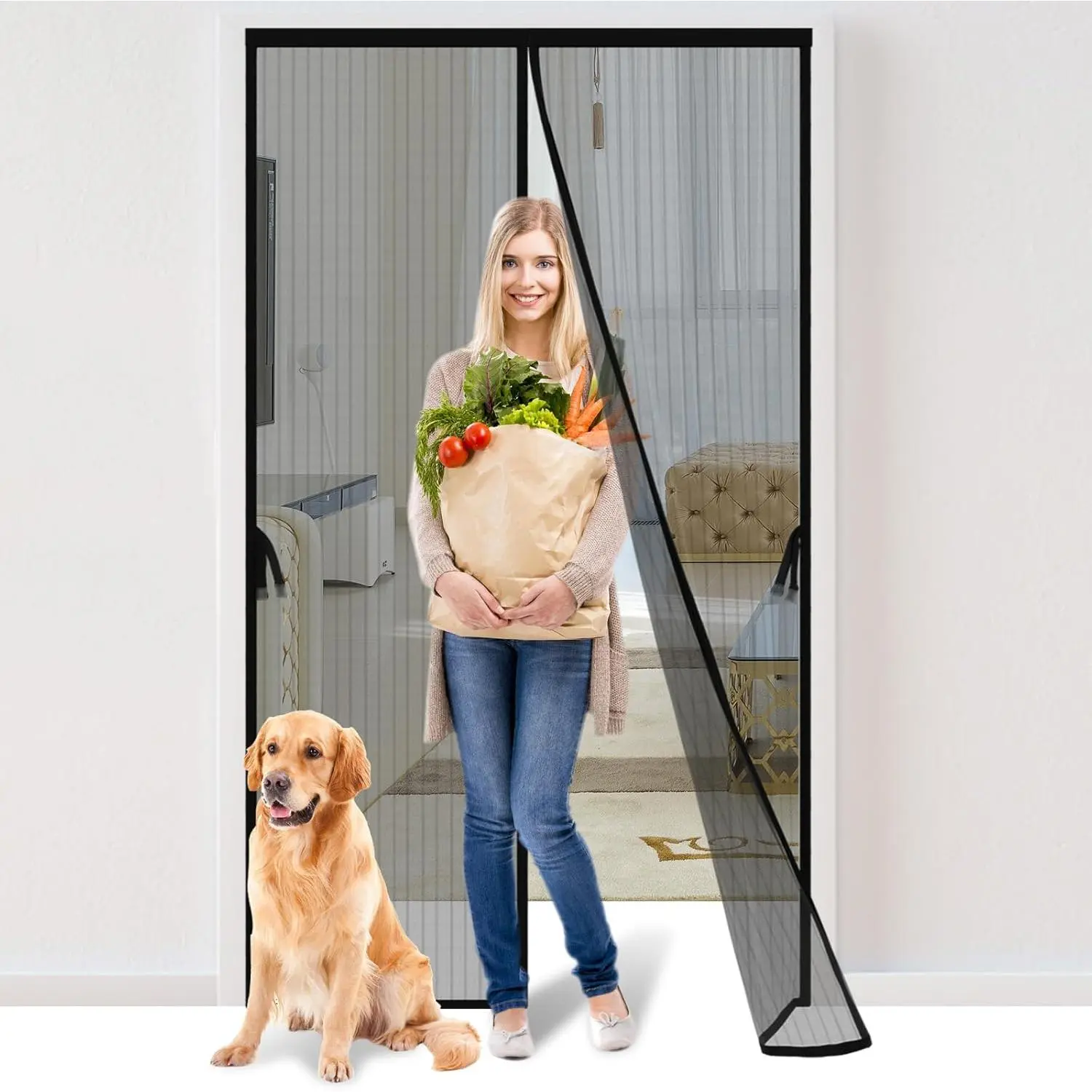 Magnetic Folding Retractable Screen Door with Magic Magnetic Closure, 36 x 82 Inch Door Fit, 38x83 In Screen Size, Hands-Free Easy Passage, Heavy-Duty Bug-Proof Mesh Curtain, Hook & Loop Frame, Pet Friendly, Folding Screen Door, Kid Friendly