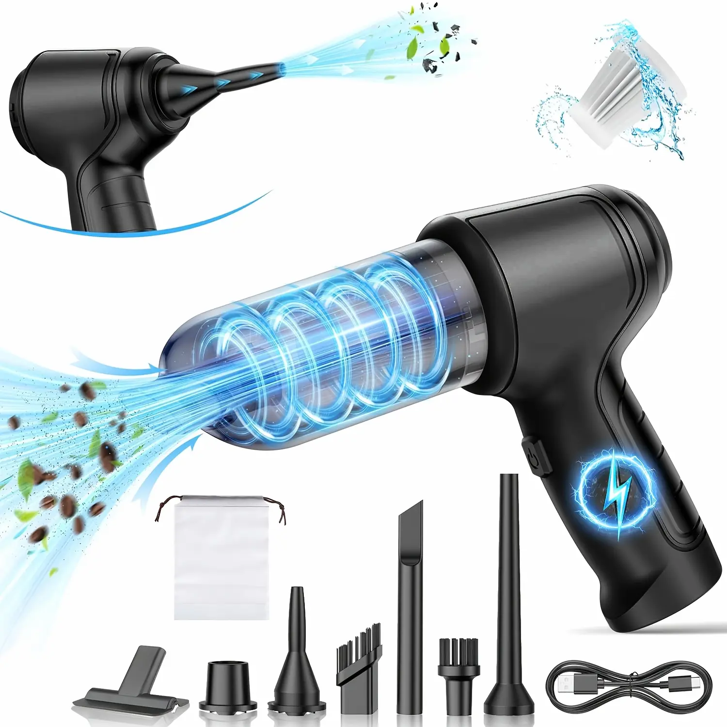 A Three In One Wireless Vacuum Cleaner with A High Power, Which Can Be Used for Suction, Air Extraction, And Blowing, Both In The Car And At Home. It Has An Extended Battery Life, Can Absorb Dust, Debris, Pet Hair, Air Extraction, And Dust Blowing