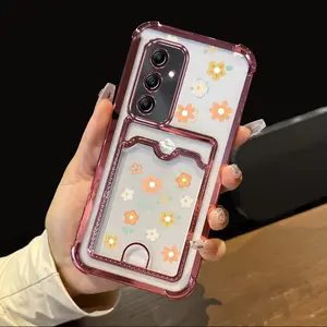 A35 5G Impact Resistant Transparent Plating Card Holder Slot Phone Case For Compatible With Samsung Galaxy A35 5G Summer Cute Childlike Flowers Protector Design Perfect for Popular Girl Used