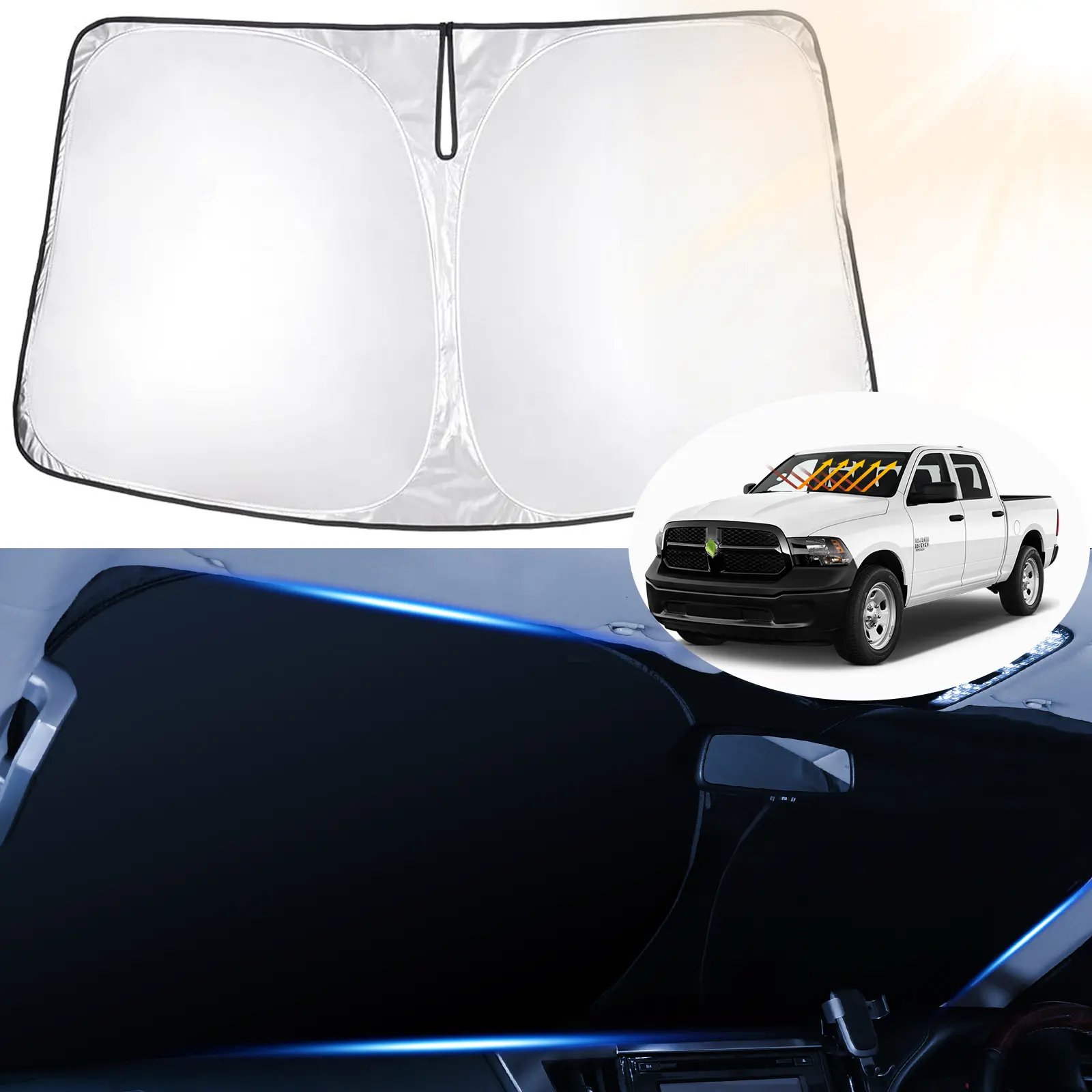 Canvcle Collapsible UV Protective Windshield Sun Shade for 2011-2026 Dodge RAM 1500 (CrewCab, MegaCab, 2Dr RegularCab, 4Dr QuadCab) - Elastic Wire, UV Blocker, Premium Fabric Foldable Visor, Car Accessory, Cools Car, Boosts AC Efficiency