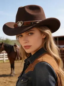 1PCS Unisex Rhinestone Heart Decorative Western Cowboy Hat, Vintage Polyester Style, Perfect for Western Theme Parties, Casual Wear, Daily Use