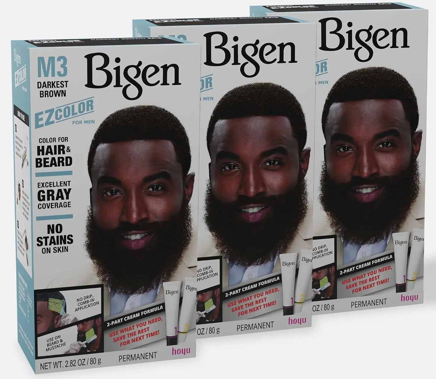Men's 3-Pack Haircare Comb-in Cream Dye, M3 Darkest Brown, Easy Application, Covers Grey Hair, Natural Looking Permanent Color for Hair and Beard, Beard Dye Permanent Color