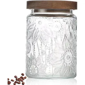 24 OZ Airtight Glass Storage Jar with Bamboo Lid - Vintage Glass Jar Vintage Food Containers Canisters Set for Kitchen Counter & Pantry - Ideal for Sugar, Flour, Coffee, Tea, Candy, Oats, Cereal