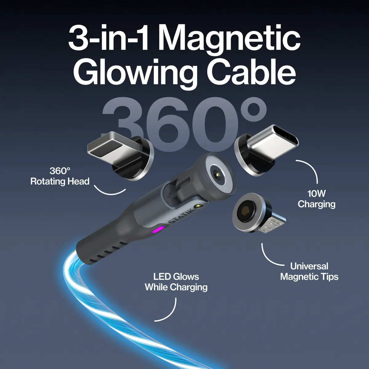STATIK GloBright 360: Universal Magnetic Charge Cable | 5-in-1 | LED Glow | 360° Rotating Head | Compatible with Most Mobile Phones & Electronic Devices