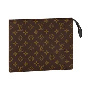 LOUIS VUITTON Monogram Pouch With Card Slot. Coated Canvas and Leather Trim. Unisex Toiletry Bag in Brown.