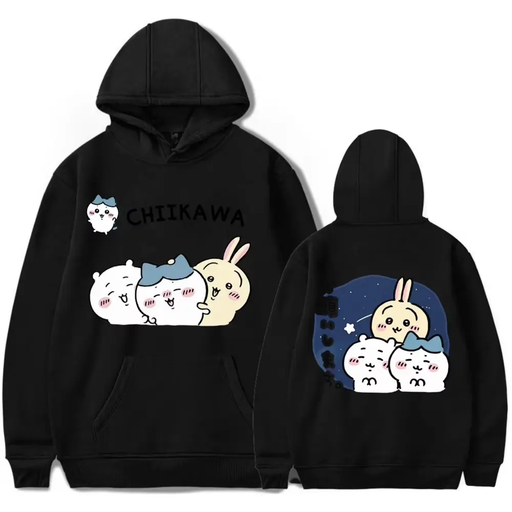 Men's Long-Sleeve Chiikawa Graphic Hooded Pullover - Goth Harajuku Streetwear Sweatshirt, Party & Biker Ringer Tee-Inspired Menswear Top, Ideal Birthday Christmas Gift, Herringbone, Dacron, Printed, Cute, Print, Preppy, Retro, Vintage