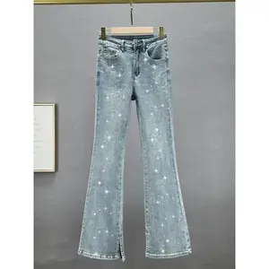 European Style Rhinestone Jeans for Women Trendy 2025 Autumn High Waist Slim Fit Flattering Heavy Rhinestone Flared Pants Long Pants