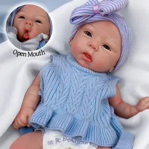 18 Inch Full Silicone Girl Doll Can Open Mouth Hand Painted Skin Dress In Blue Sweater Cute Soft Waterproof Silicone Reborn Doll Perfect As A Christmas Gift