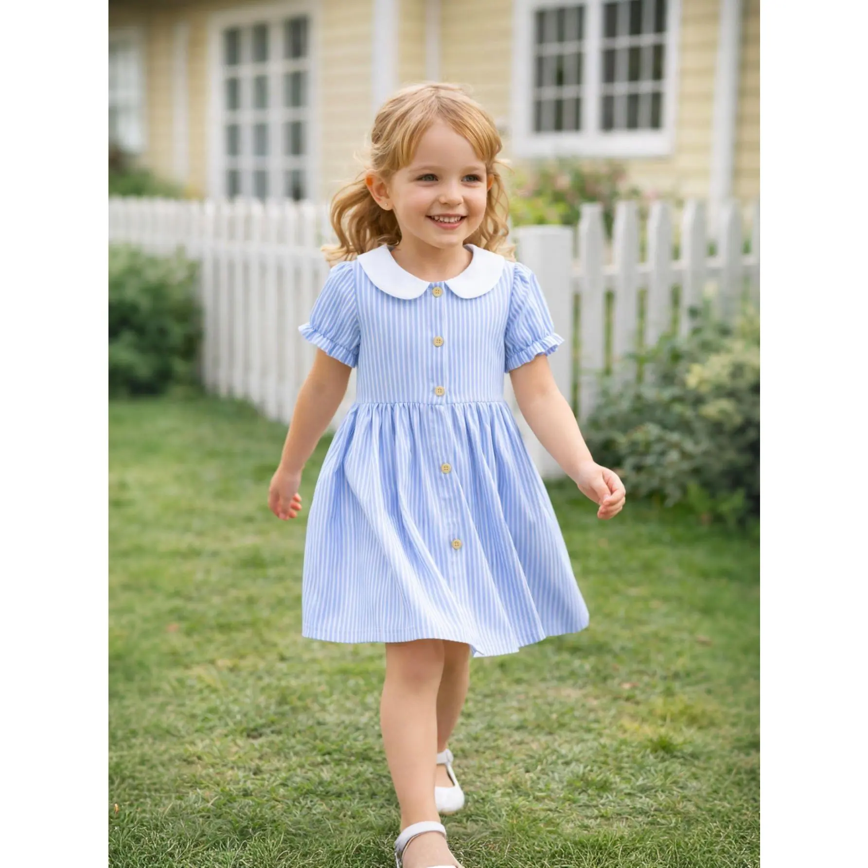 HILEELANG Girls Striped 100% Cotton Dress, Peter Pan Collar Puff Sleeve A-Line Summer Dress for Toddler Little Girls 2-8Y Spring Toddler Dress Toddler Summer Dresses