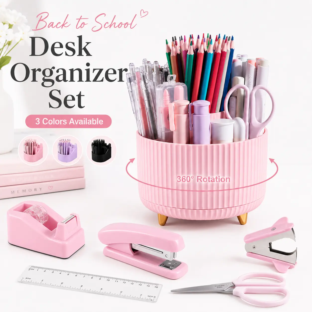 Cute Rotating Desk Organizer with Office Supplies Set - 360 Spin Pen Holder, Stapler, Scissors, Paper Clips & Sticky Notes, Aesthetic Desk Accessories for School Office Home Setup