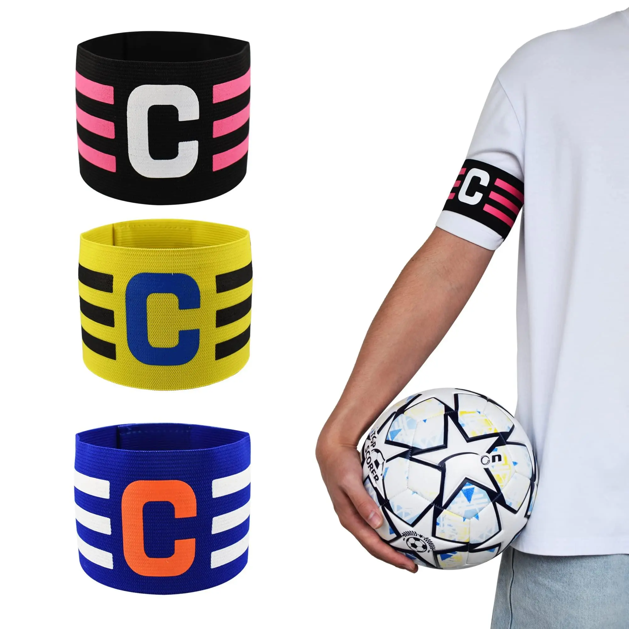 3-Pack High Stretch Nylon Football Captain's Armbands, Adjustable Elastic Cuffs for Adults, High-Visibility Conspicuous Markings Football Accessories for Team Sports