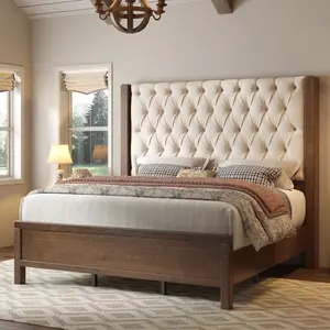 AMERLIFE Solid Wood Bed Frame, 57" Tall Farmhouse Platform Beds, Upholstered Line Wingback Headboard, Deep Button Tufted, No Box Spring Needed, Easy Assembly