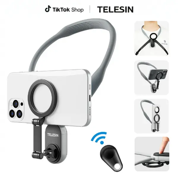 TELESIN Magnetic Phone Neck Mount - Silicone-Steel Metal Holder with Plug, Hands-Free Mobile Phone Holders & Mounts for POV/Vlog Filming Setup, Chest Strap for iPhone 17/16/15/14/13/12 Series Android Smartphones