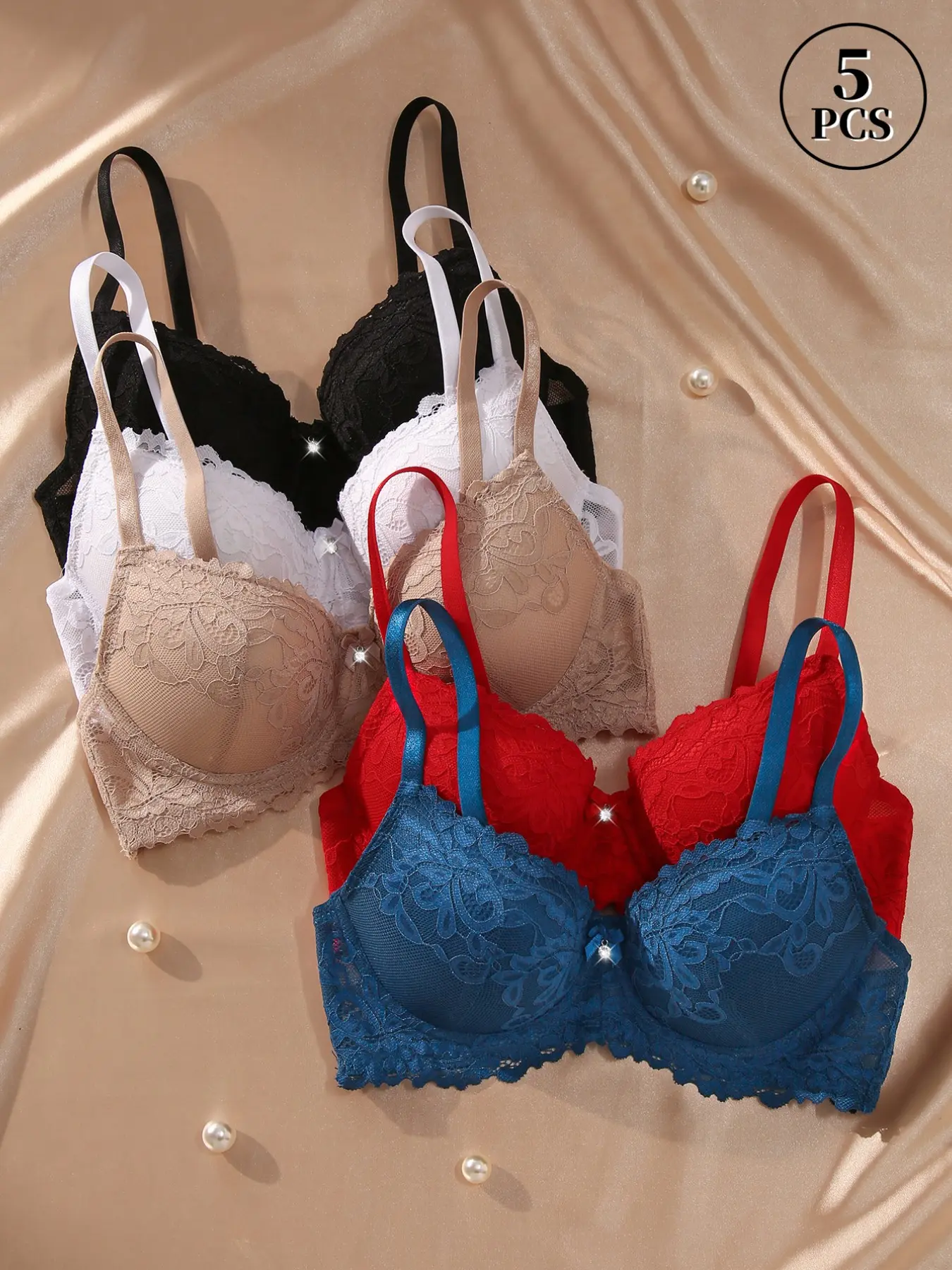 5PCS Women's Underwear Lace Push-Up Fit comfort Bra,Underwire Lift and Anti-Sagging Slimming Soft Bra, Elegant Chic Breathable lace, Adjustable Straps, everyday Wear, Adjustable Bras