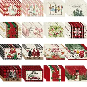 4PCS Christmas Placemats 30x45cm Linen Christmas Trees Snowflake Gnome Print Table Mats 2025 Xmas Table Pads For Home Hotel