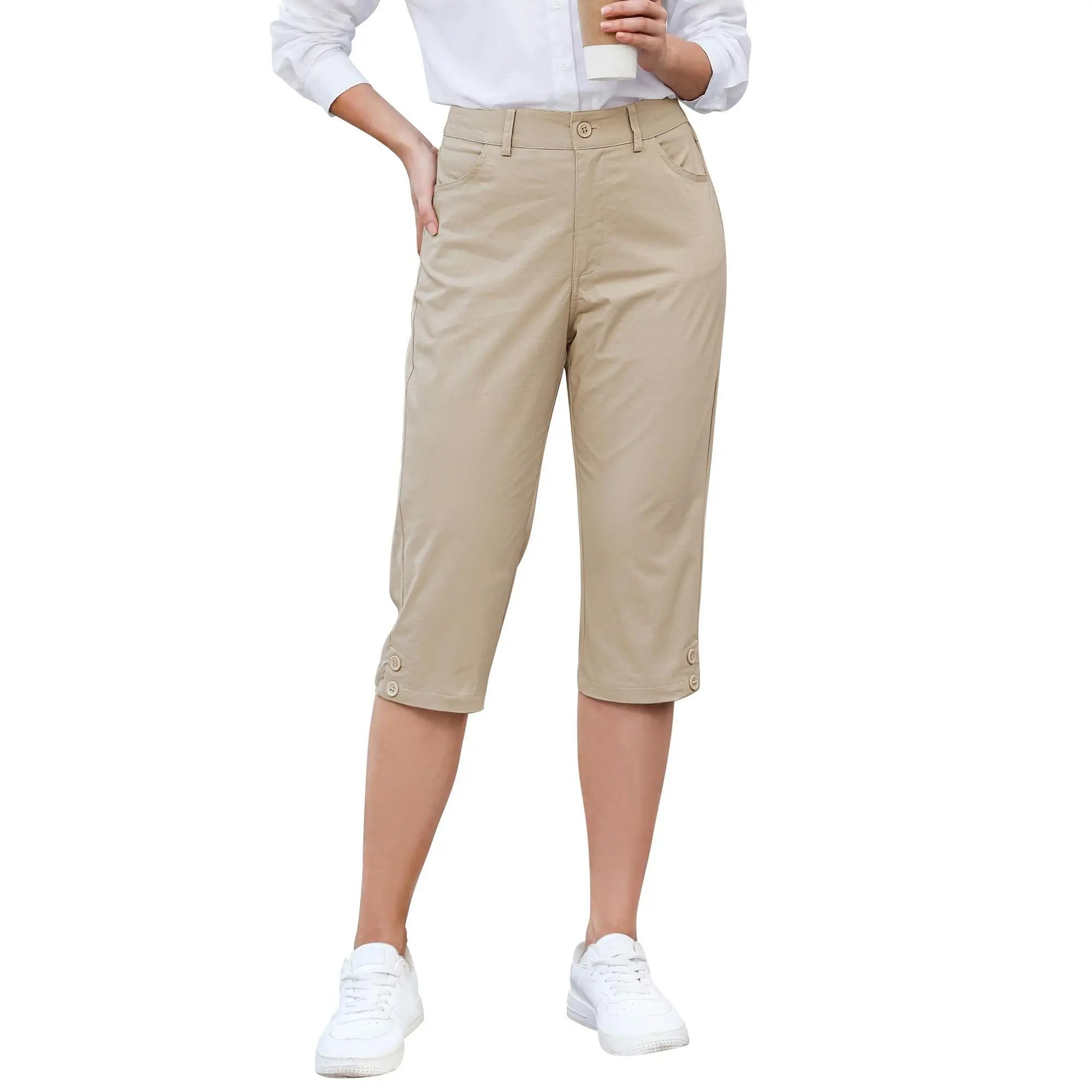 GRAPENT Women's High-Waisted Capri Pants, Elastic Knit Waist Relaxed Fit Cotton Bottoms, Lightweight Stretchy Machine Washable Casual Cropped Pants for Summer Vibes, Bottom, Lightweight Stretchy Pants
