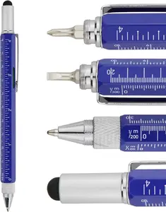 Metal Multi-tool - 6-in-1 Stylus Pen with , Phillips & Flathead Bits, Ballpoint Pen, Stylus, Bubble Level, Ruler (Blue)