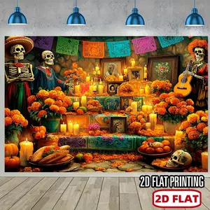 2D Flat Dia de los Muertos Textile Backdrop Picture - Sugar Skulls, Marigolds, Papel Picado Design, Vibrant Colors, Party Decorations Banners Ornaments