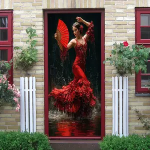 2 Flamenco Dancer Wall Sticker Red Dress Art Decor Decal Living Room BedroomWall Mural Waterproof Self Adhesive Removable Dance Theme Home Decoration Poster