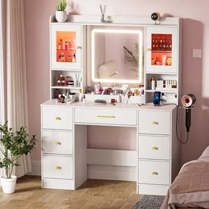 Vanity Desk with Mirror and Lights, with Power Outlet and LED Jewelry Cabinet Modern Capacity Makeup Vanity with 7 Drawers, Makeup Table for Bedroom,Makeup Room,White
