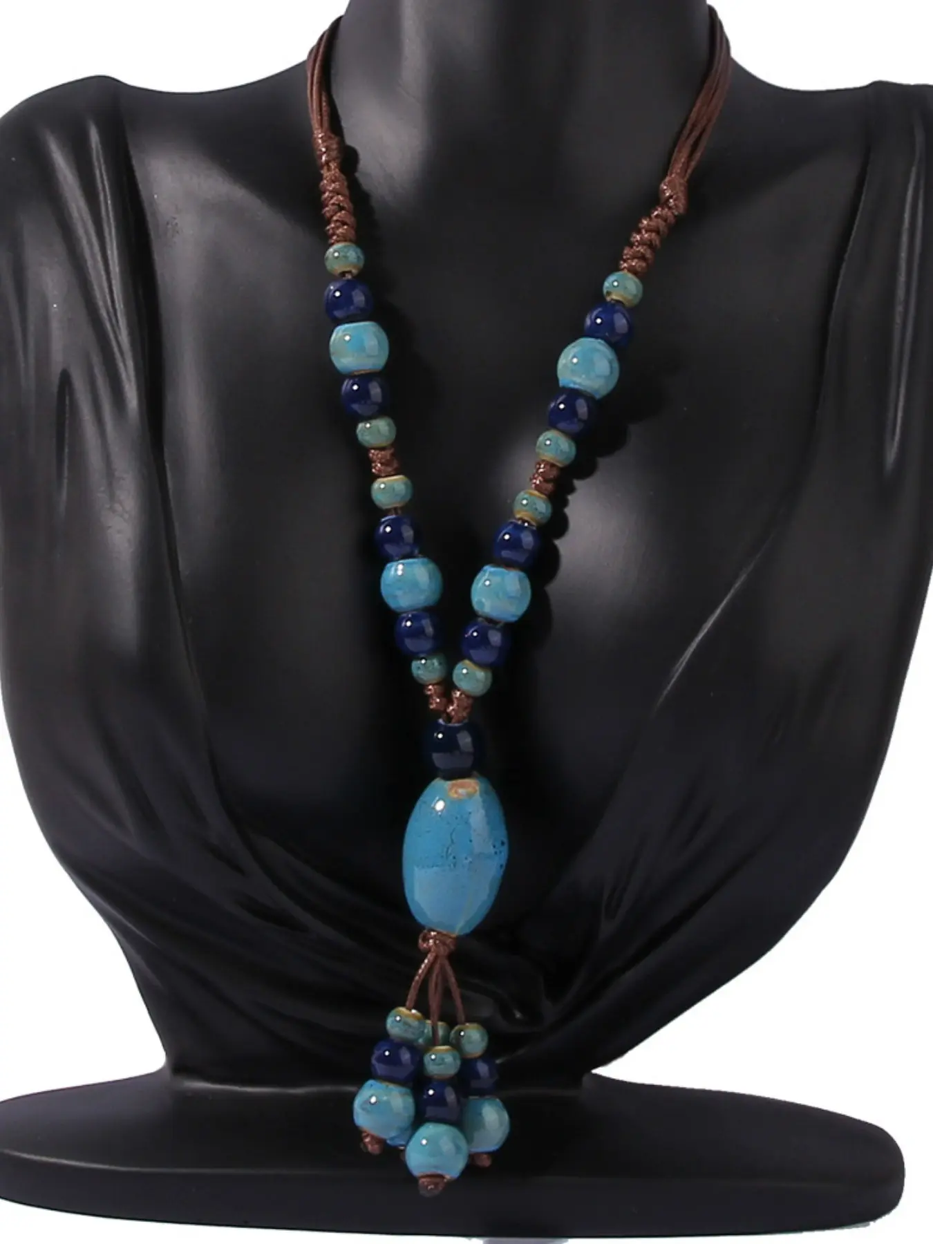 Ethnic Style Ceramic Long Jewelry Necklace for Women, Adjustable Ancient Chinese Wind Pendant, Travel Photography Accessory