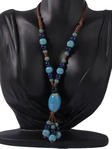 Ethnic Style Ceramic Long Necklace for Women, New Ancient Wind Pendant, Adjustable Beaded Design Sweater Chain, Chinese Travel Photography Accessory