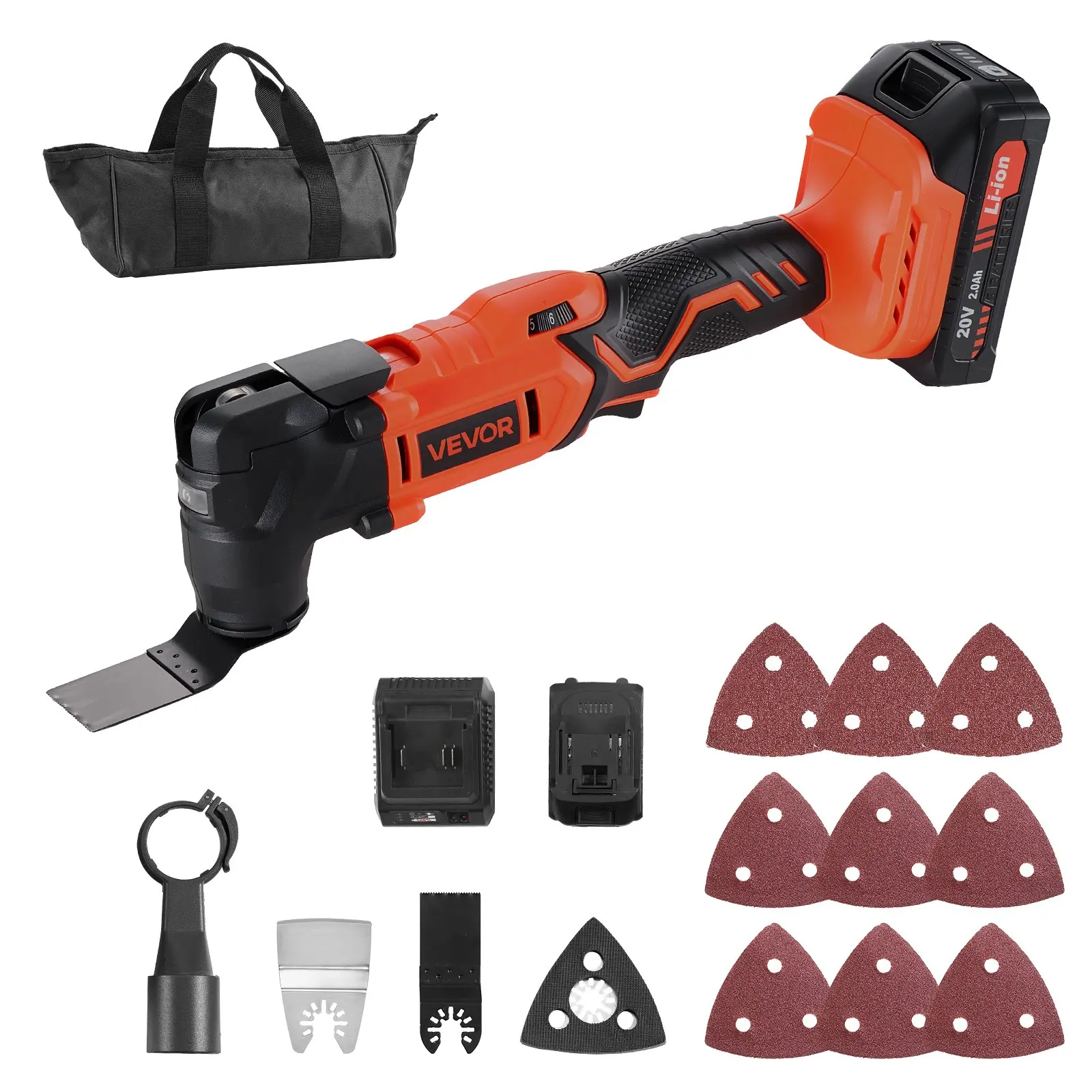 【Summerfinds】VEVOR Cordless Oscillating Multi-Tool Tool Kit, 20V with 6 Variable Speeds (8500-17000 OPM), 3.2° Oscillation Angle, 2.0Ah Battery Pack & Charger, 12PCS Saw Accessories, LED Work Light, Multi-Tool Tool Kits Rechargeable Tool Kit Tool
