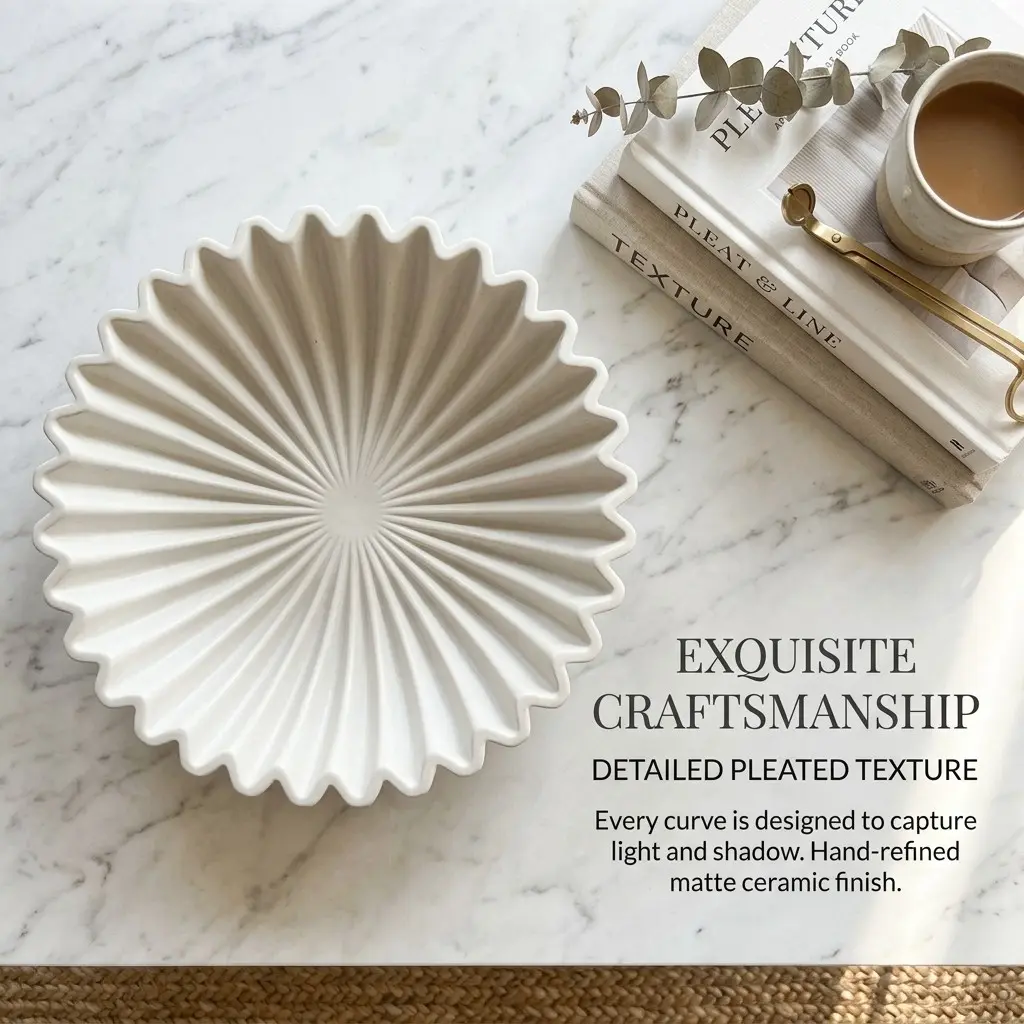 Large Decorative Bowl, Ruffle Bowl for Home Decor, Fluted Artistic Aesthetic Design, Modern Minimalist Style, Elegant Pleated Textures, Matte, Ceramic Bowls