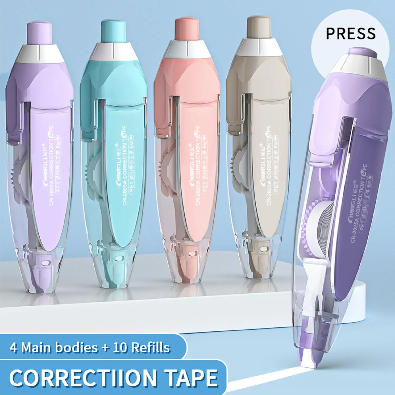 Push-on Correction Tape Set 4 Main Bodies + 10 Refills Portable Correction Tape for Students Replaceable Core Design Office Stationery