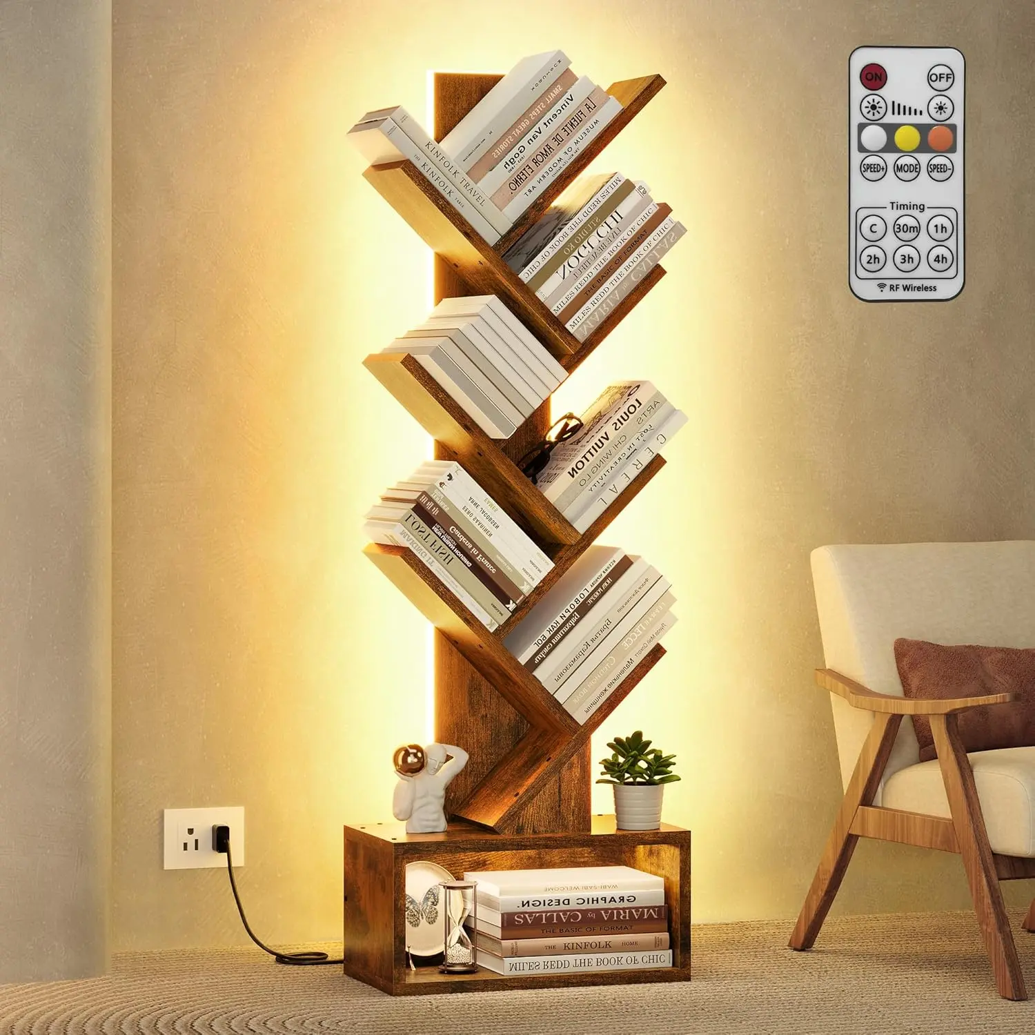 6 Tier Tree Bookshelf, Tall Bookcase, Freestanding Book Shelf with LED Lights, Display Floor Standing Storage Shelf, Book Organizer Shelves for Home Office, Living Room, Rustic Brown
