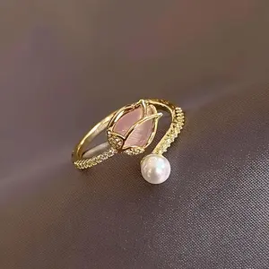 Stylish Tulip Bud Adjustable Ring, Minimalist Floral Finger Jewelry, Trendy Fashion Accessories for Teenagers Daily Casual Wear