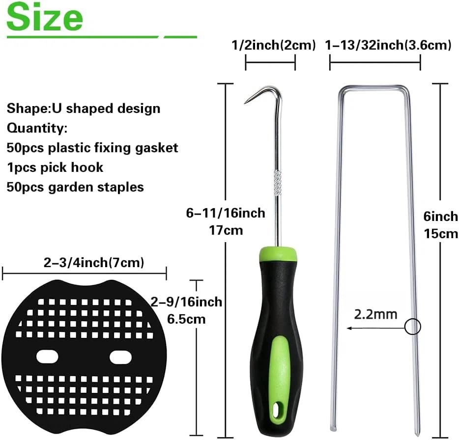101-Piece Ergonomic Galvanized U-Shaped Garden Stakes Kit - 50 6-in 2.2mm Thickness Heavy-Duty Steel Wire Garden Staples, 50 Plastic Fixing Gaskets, 1 Pick Hook for Weed Barrier Cloth, Landscaping, Holiday Decorations 101-Piece Ergonomic Galvanized U-Shaped Garden Stakes Kit - 50 6-in 2.2mm Thickness Heavy-Duty Steel Wire Garden Staples, 50 Plastic Fixing Gaskets, 1 Pick Hook for Weed Barrier Cloth, Landscaping, Holiday Decorations