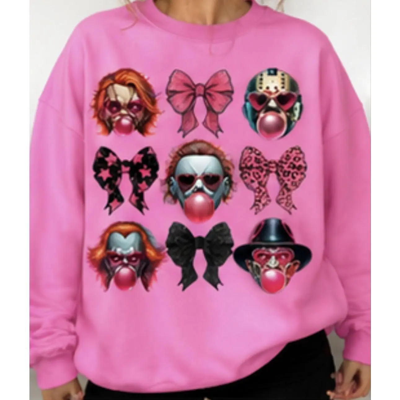 Pink Horror Bubblegum Bow Sweatshirt S-4x Soft Comfortable with Bow Design