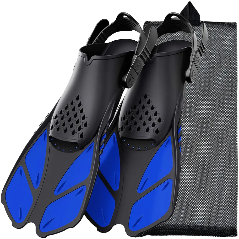 Adults' Short Open Heel Swim Fins with Quick-Release Buckles, Silicone Construction with Mesh Instep Design for a Comfortable Barefoot Fit, Travel-Friendly for Snorkeling, Silicone Blend, Tpr Material, Quick Release Buckle, Swim Diving Fins
