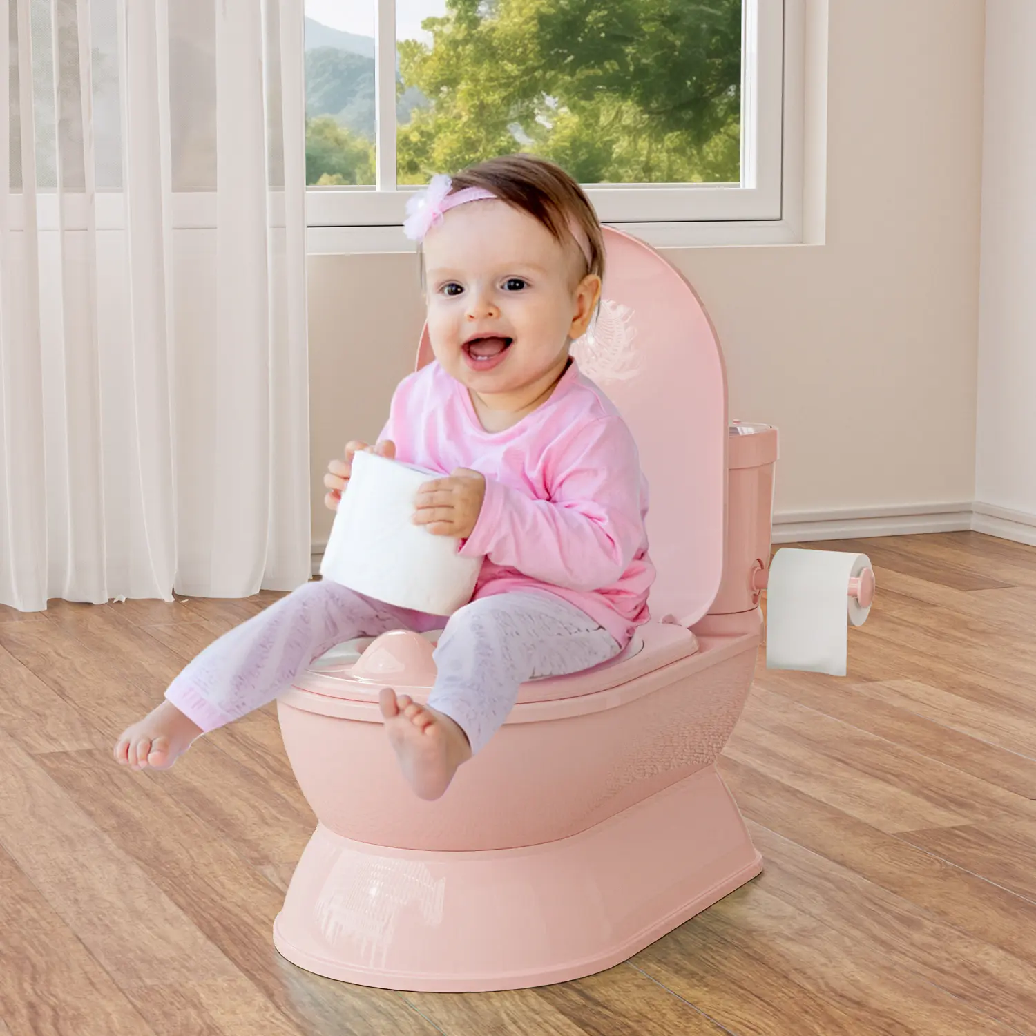 BabyBond 2-in-1 Lager Realistic Flushing Potty Trainning Seat for Boys and Girls, Baby Potty Chair with Detachable Seat Flush Sounds Wipes Storage & Toilet Paper Holder for Toddler
