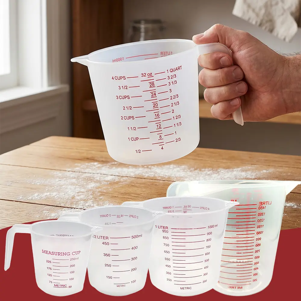 4 Pack Pclastic Measuring Cup Set, BPA Free Plastic Clear Heat-resistant with Angled Grip and Spout Stackable Liquid Measuring Cup for Kitchen Use, 250/500/1000/1500ml