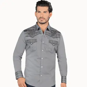 LAMASINI SHIRT WESTERN EMBROIDERY SHIRT LV2217 GREY 100% PREMIUN COTTON BEST QUALITY PREMIUM EMBROIDERY QUALITY MIXED BLACK AND GREY BULL LOGO
