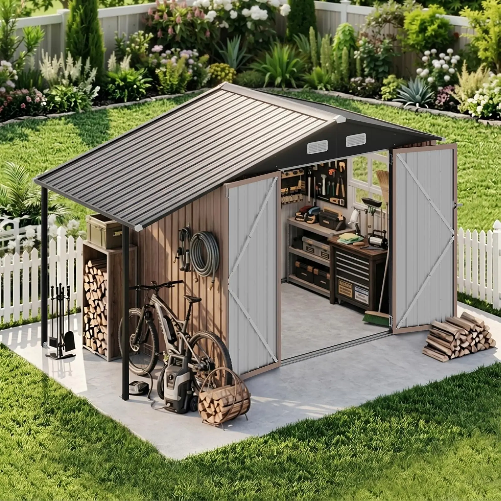 Aoxun 10'x6' 2-in-1 Metal Outdoor Storage Shed with Extended Gazebo Roof, 7'x12' Optional Size, Galvanized Steel Garden Tool Shed, Lockable Double Doors & Side Window, All Weather UV Rain Snow Resistant Firewood Bike Storage Shed for Backyard Patio Lawn