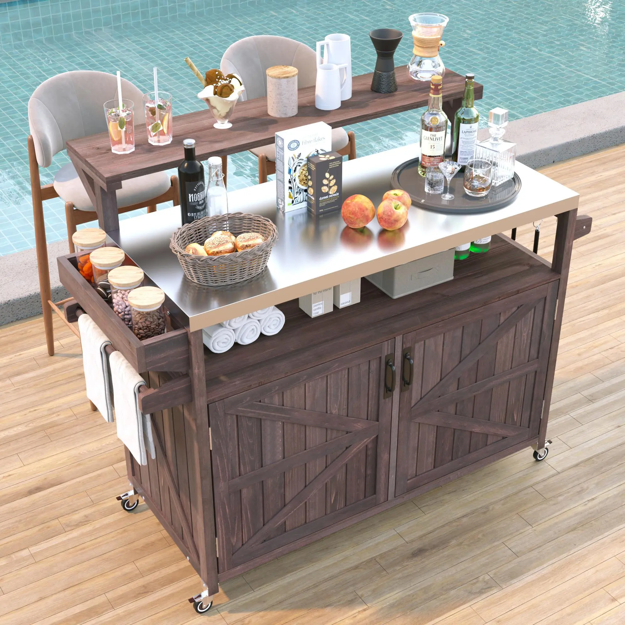 53.3" Outdoor Kitchen Storage Island with Raised Shelf, Solid Wood Cabinet & Stainless Steel Top, Rolling Cart with Internal Rack, Adjustable Shelf + Spice Rack