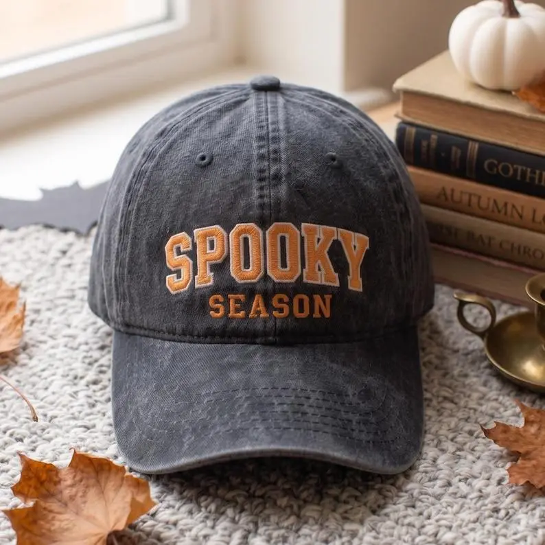 Embroidered Spooky Season Washed Hat, Halloween Ghost Cap