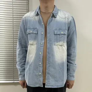 BINDEFON Men's Cotton Flap Pocket Long Sleeve Button Up Plain Denim Shirt for Going Out Work Commute College Comfortable Classic Style