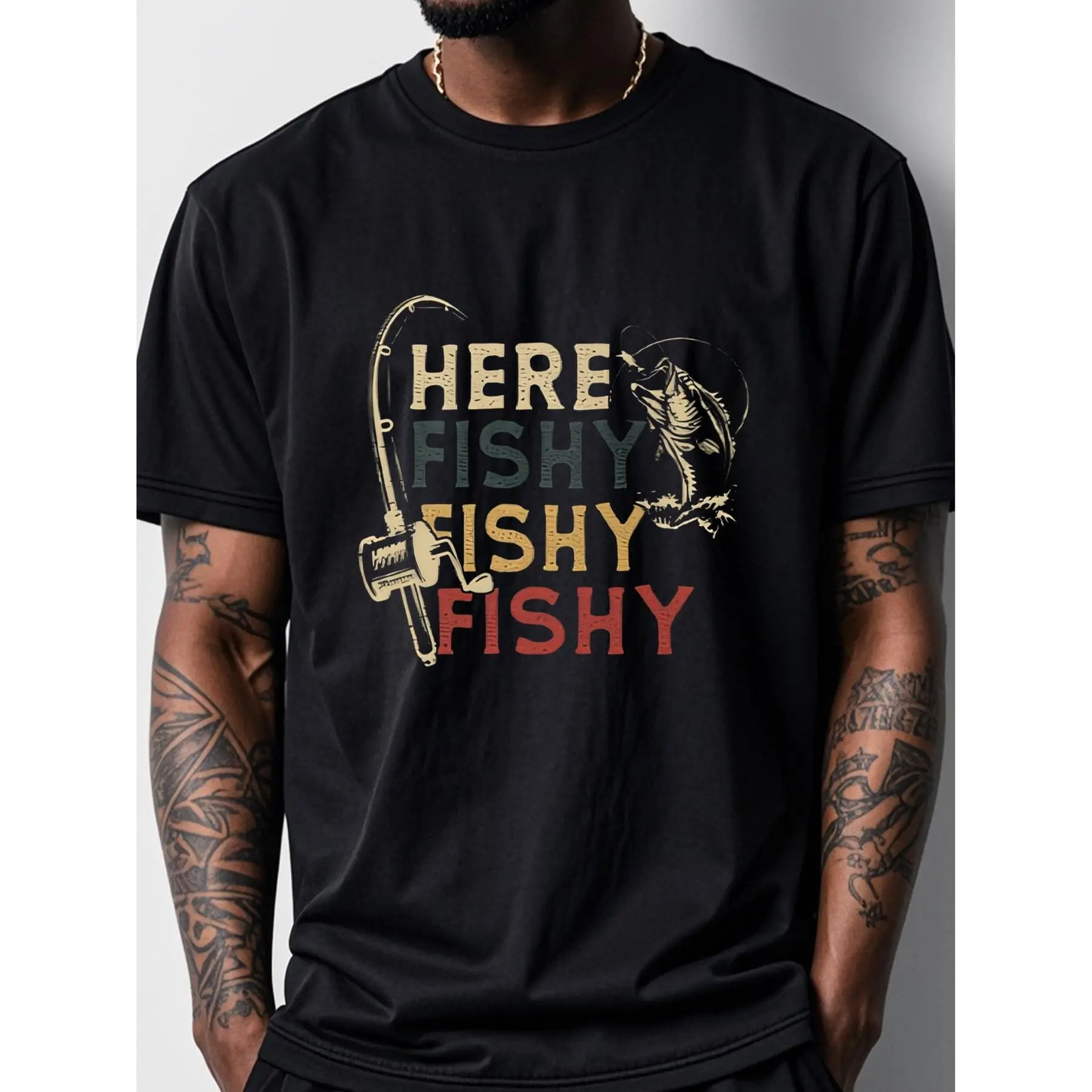 Here Are Fish Fish Fish Pattern Oversize T-shirts for Men | Black Crew Neck, Casual Soft 100, Breathable Short Sleeve, All-season Fit