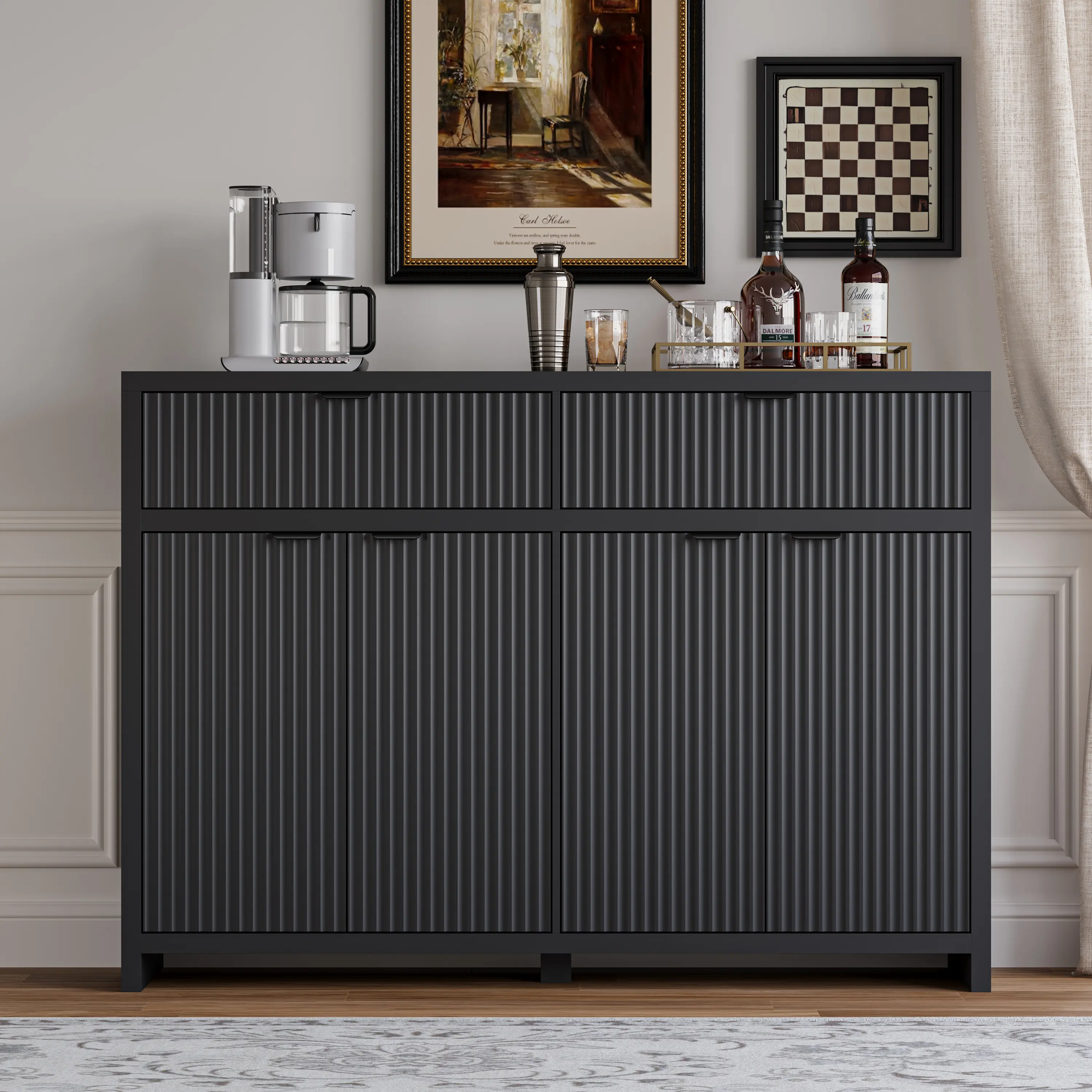White Fluted Sideboard Buffet - 55" Modern Farmhouse Multifunctional Storage Unit with Drawers, Doors, Adjustable Shelf, Waterproof Top, Credenza for Entryway, Kitchen, TV Cabinet Father's Day Gift Idea, Multifunctional Storage Cabinet