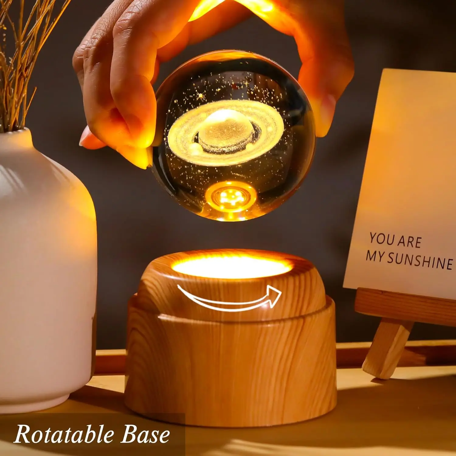 2.36in 3D Saturn Engraved Crystal Ball with Rotatable Wood Base, Desktop Decoration Crystal Sphere Lamp, Astronomy Science Home Decor, Gift Ideas for Boyfriend Sister, Sister Gift Ideas